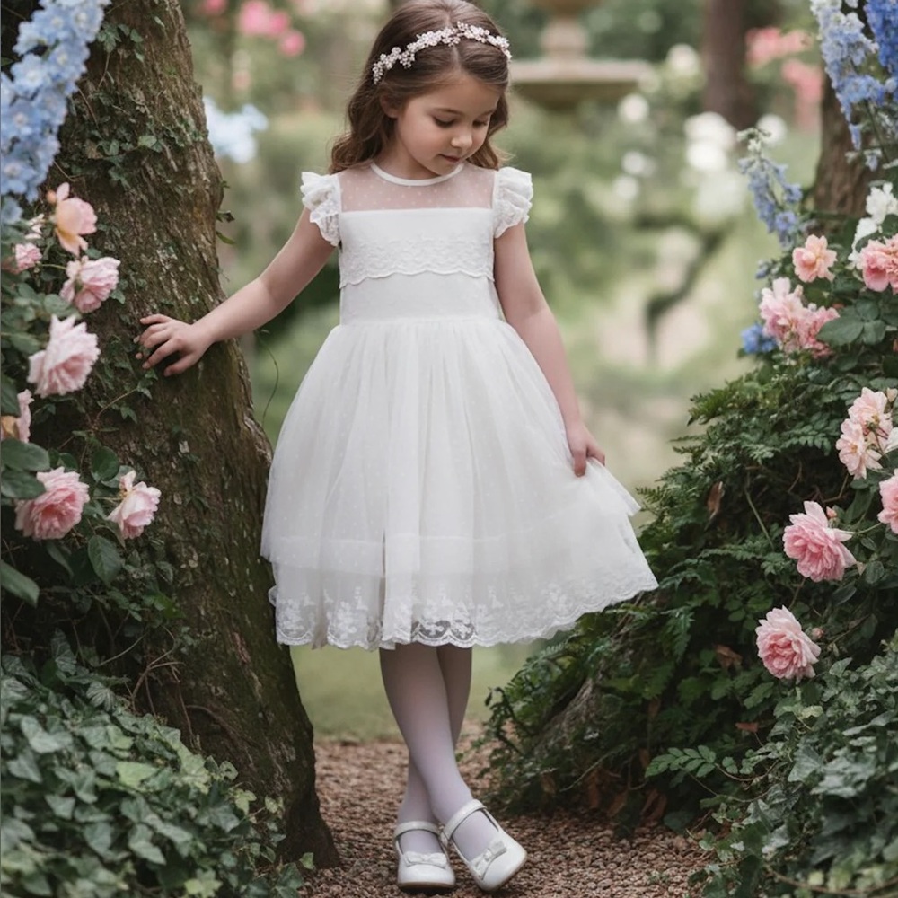 Trish Scully Olivia Flower Girl Dress Antique White Lace Tulle Size 4